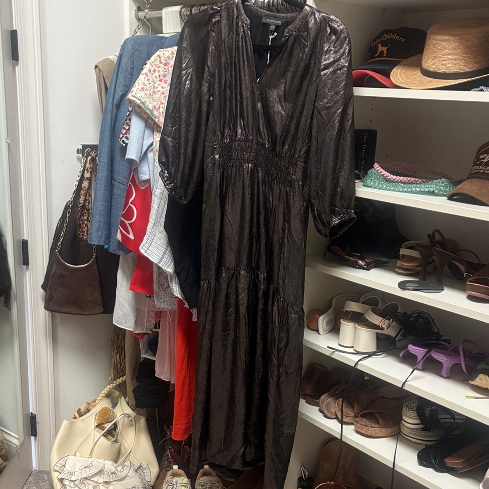 Metallic Brown V-Neck Tiered Maxi Dress with Smocked Waist